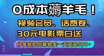 0成本薅羊毛!视频会员、话费卷、30元电影票白送，分享我如何靠转卖一天变现5张+【揭秘】 – 战狼项目网_分享创业资讯_最新网络项目资源-生财有道