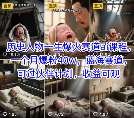 历史人物一生爆火赛道ai课程，一个月爆粉40w，蓝海赛道，可过伙伴计划，收益可观 – 战狼项目网_分享创业资讯_最新网络项目资源-生财有道