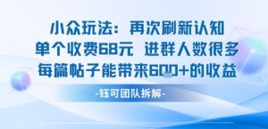 小众玩法再次刷新认知单个收费68米进群人数很多每篇帖子能带来6张的收益 – 战狼项目网_分享创业资讯_最新网络项目资源-生财有道