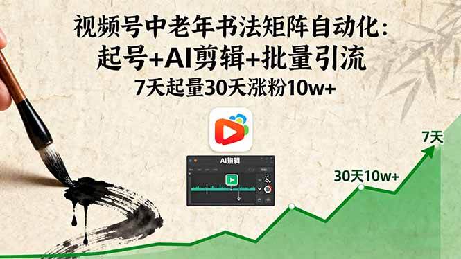 视频号中老年书法矩阵自动化：起号+AI剪辑+批量引流 7天起量30天涨粉10w+ – 战狼项目网_分享创业资讯_最新网络项目资源-生财有道