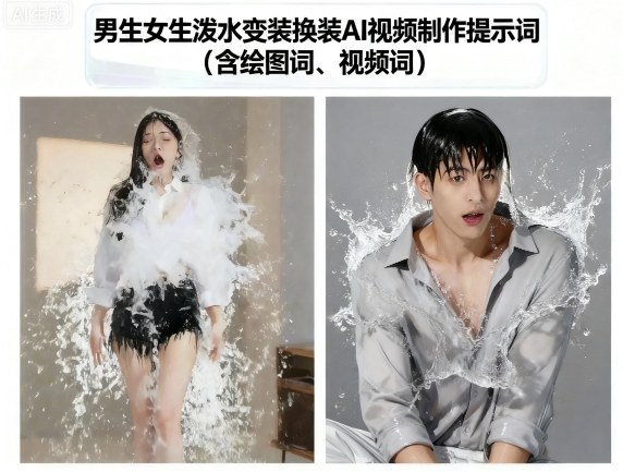 男生女生泼水变装换装AI视频制作提示词(含绘图词、视频词) – 战狼项目网_分享创业资讯_最新网络项目资源-生财有道