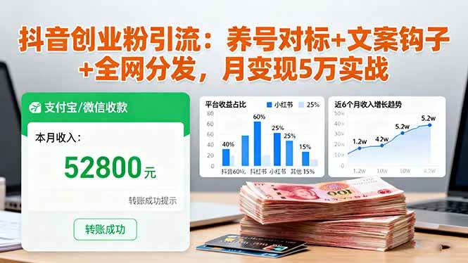 抖音创业粉引流：养号对标+文案钩子+全网分发，月变现5万实战 – 战狼项目网_分享创业资讯_最新网络项目资源-生财有道