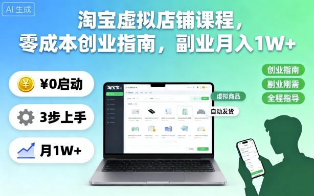 淘宝虚拟店铺课程，零成本创业指南，副业月入1W+ – 战狼项目网_分享创业资讯_最新网络项目资源-生财有道