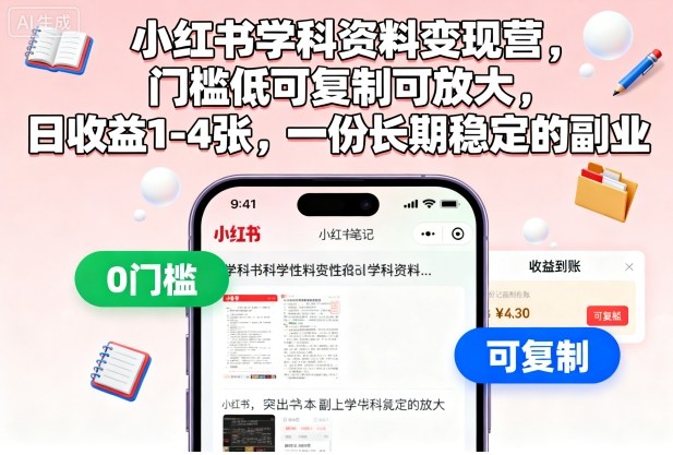 小红书学科资料变现营，门槛低可复制可放大，日收益1-4张，一份长期稳定的副业 – 战狼项目网_分享创业资讯_最新网络项目资源-生财有道
