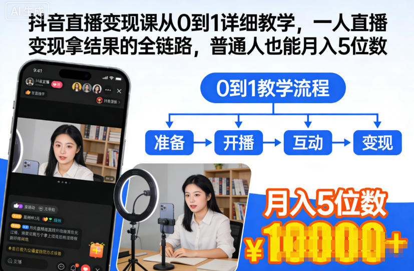 抖音直播变现课从0到1详细教学，一人直播变现拿结果的全链路，普通人也能月入5位数 – 战狼项目网_分享创业资讯_最新网络项目资源-生财有道