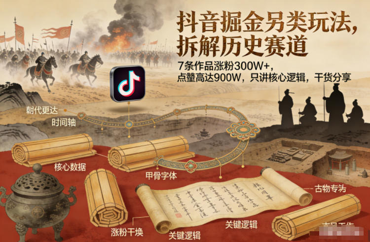 抖音掘金另类玩法，拆解历史赛道，7条作品涨粉300W+，点赞量高达900W，只讲核心逻辑，干货分享 – 战狼项目网_分享创业资讯_最新网络项目资源-生财有道