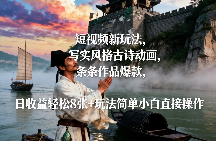 短视频新玩法，写实风格古诗动画，条条作品爆款，日收益轻松8张+玩法简单小白直接操作 – 战狼项目网_分享创业资讯_最新网络项目资源-生财有道